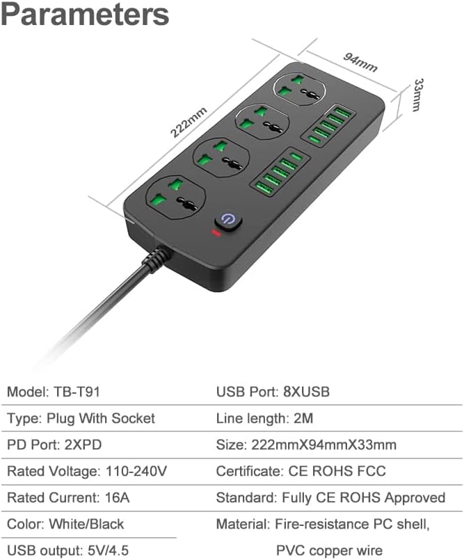 Chargeur multiprise 4 prises, 8 ports USB et 2 PD, protection surtension - Câble 2M