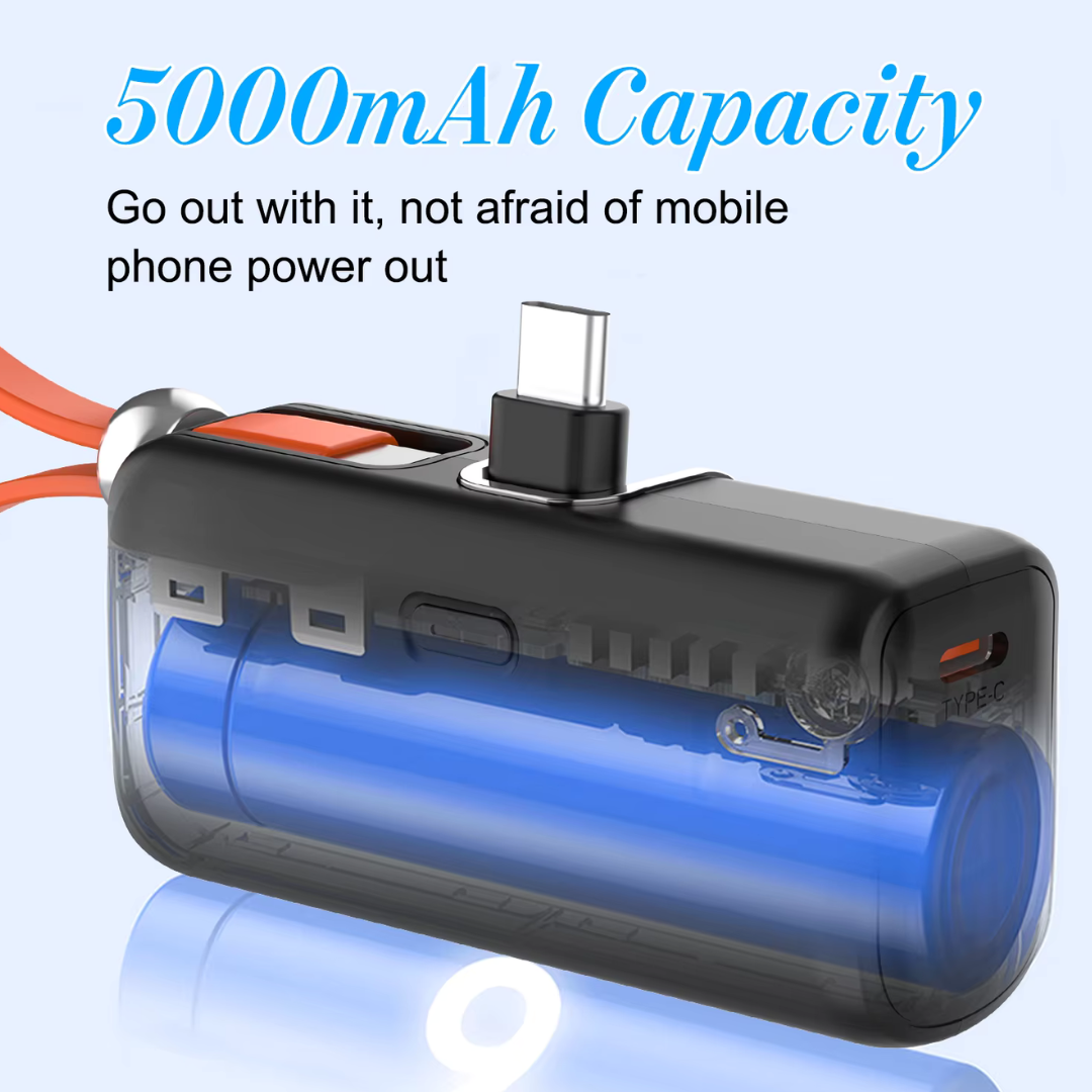 Mini Power Bank 5000mAh 22.5W avec Affichage LED et Câble Intégré