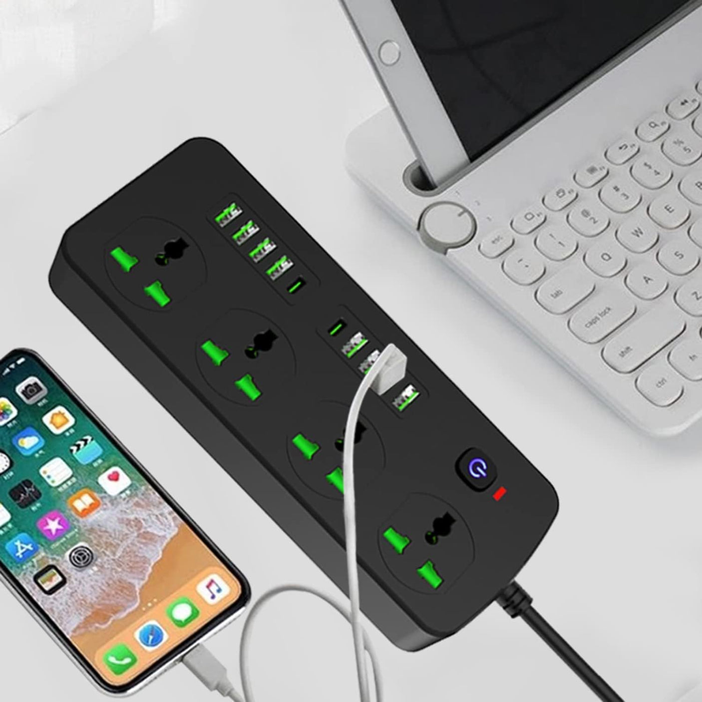 Chargeur multiprise 4 prises, 8 ports USB et 2 PD, protection surtension - Câble 2M