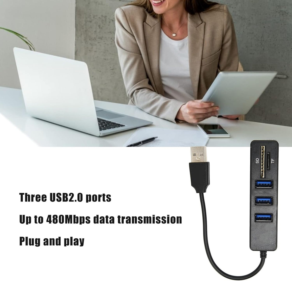 Hub USB 2.0 haute vitesse 3 ports et lecteur de cartes - Noir