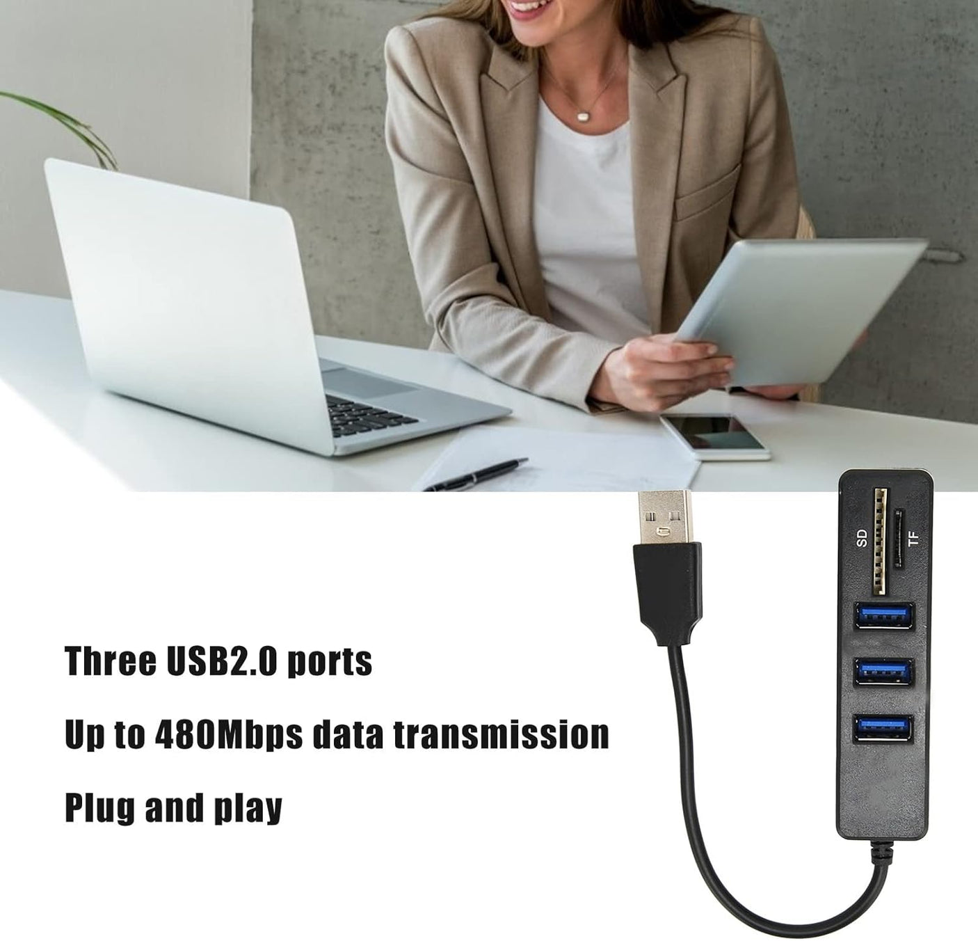 محور USB 2.0 عالي السرعة 3 منافذ وقارئ بطاقات - أسود