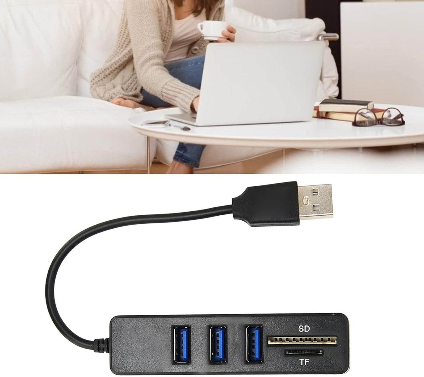 محور USB 2.0 عالي السرعة 3 منافذ وقارئ بطاقات - أسود