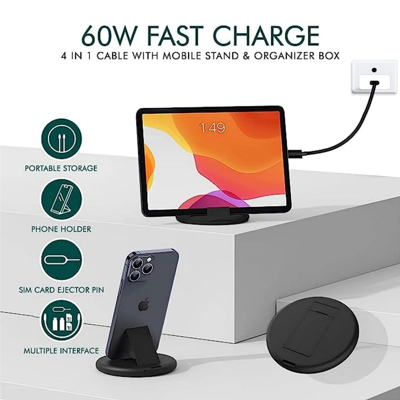 Kit Câble USB 60W Tout-en-Un avec Support & Range SIM