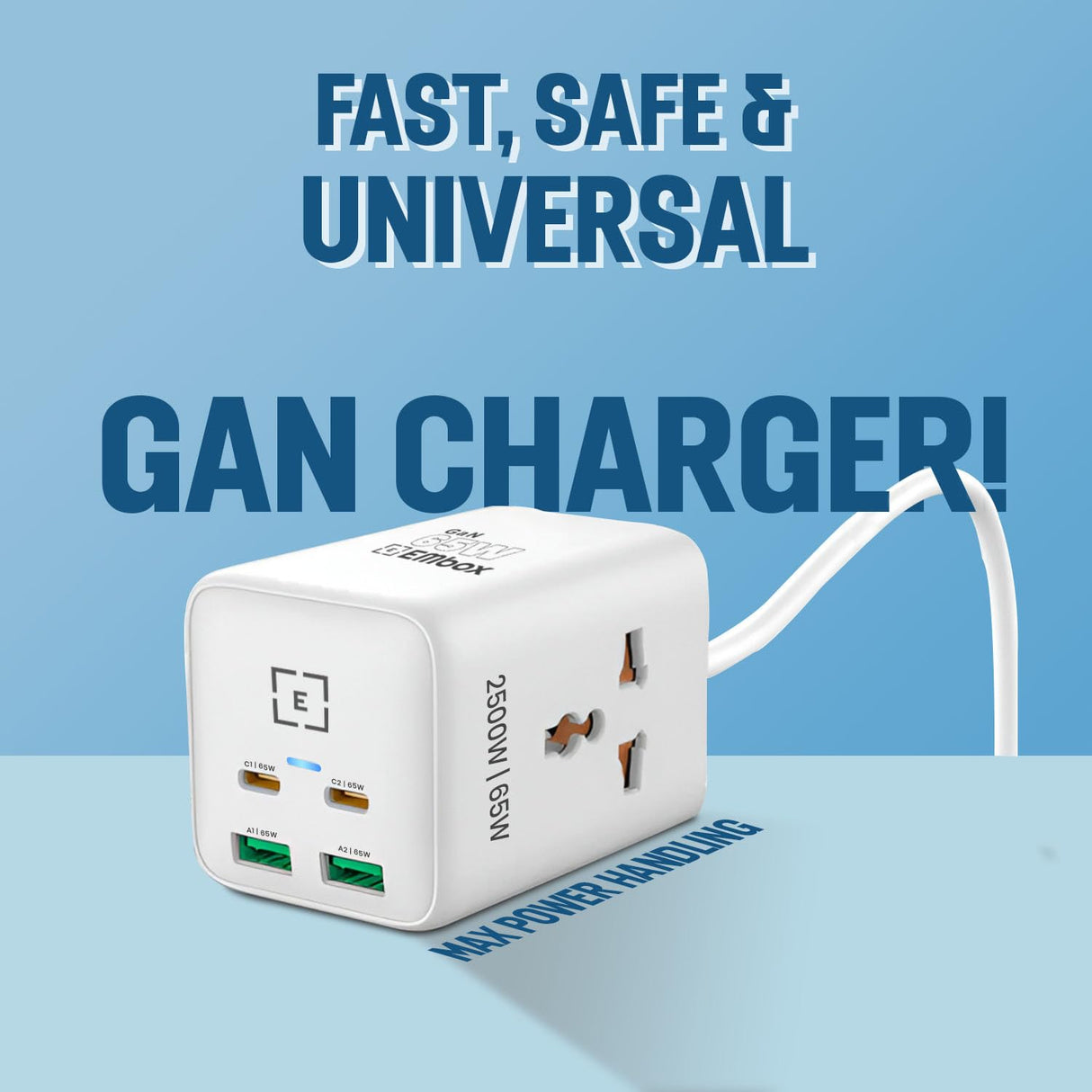 Multiprise GaN 65W W65-01 – 2 Ports USB-A & 2 USB-C avec 2 Prises