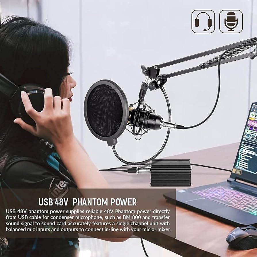 ميكروفون BM 800 + بطاقة صوت USB + موزع صوت + فانتوم 48V