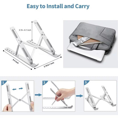 Support portable en aluminium argenté ajustable 6 points, léger, pliable pour PC 10-15.6"