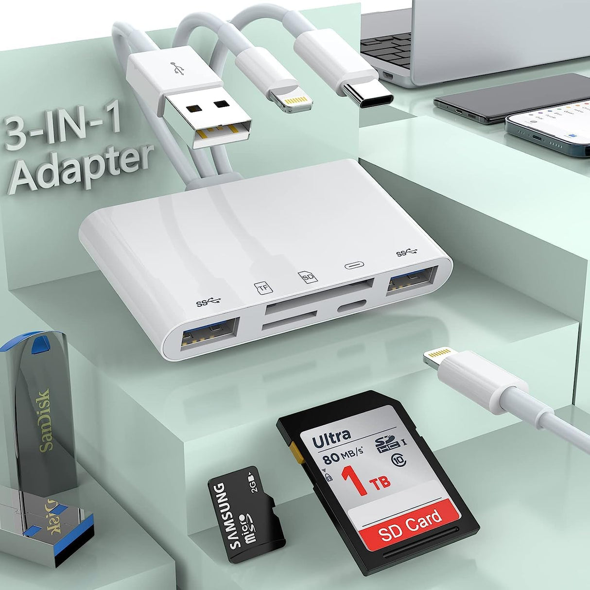 Hub USB 8 en 1 Lightning, USB-C et USB-A avec Lecteur SD