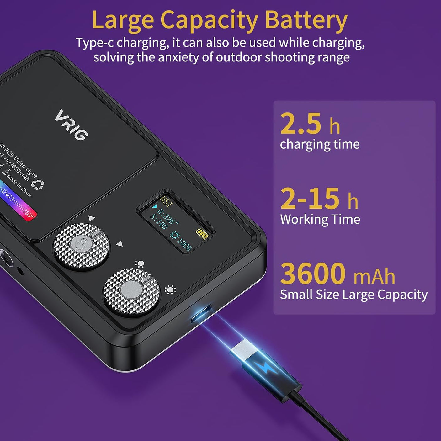 Lumière Vidéo RGB VRIG VL140 – Éclairage LED Portable 360° Pleine Couleur, 20 Effets, 3600mAh, 2500-9000K, CRI≥95 pour Photographie & Vidéo