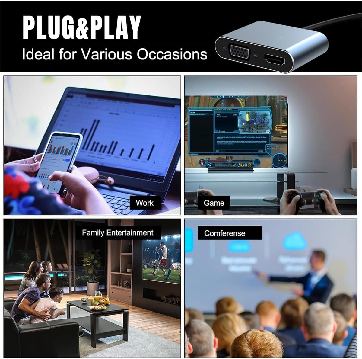 Adaptateur USB-C vers HDMI 4K, VGA, USB 3.0 et Charge PD 87W