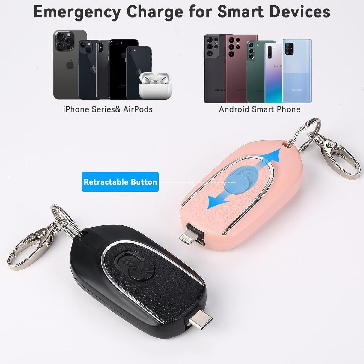 Chargeur Portable Porte-clés avec Connecteurs Lightning et Type-C – Batterie d'Urgence Compacte