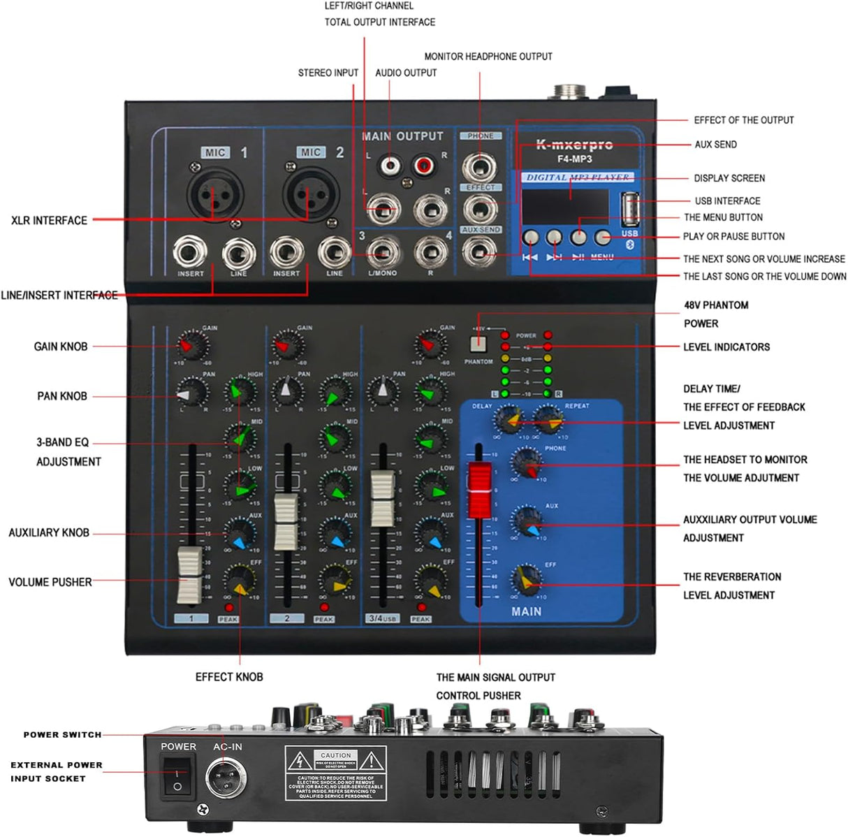 Table de Mixage 4 Canaux USB avec Alimentation Phantom 48V