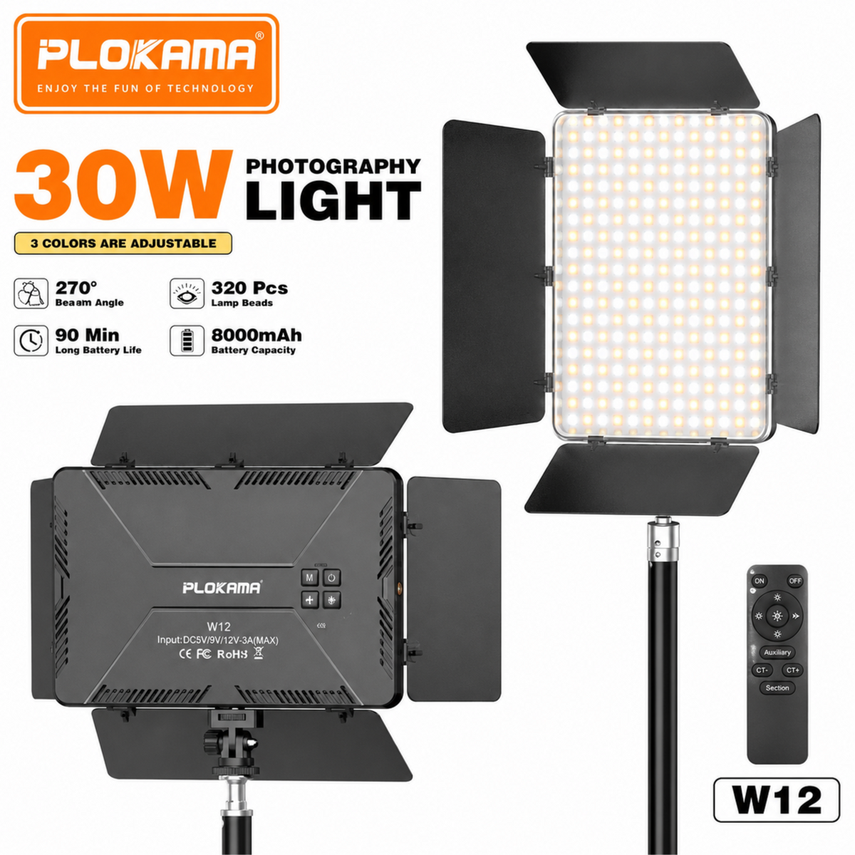 Panneau LED Plokama W12 30W 8000mAh avec Télécommande