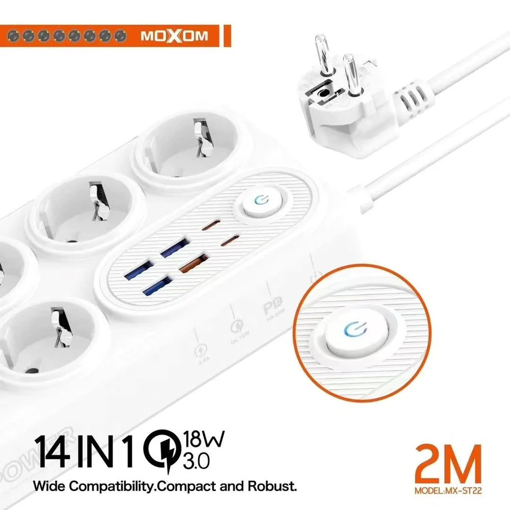 Rallonge Électrique 14-en-1 Moxom avec USB Rapide – 2M