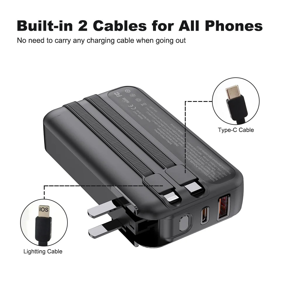 Power Bank 20000mAh avec Prise, Câbles Intégrés et Écran LED – Charge Rapide 22.5W USB-C