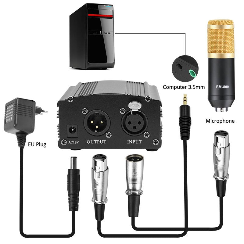 ميكروفون BM 800 + بطاقة صوت USB + موزع صوت + فانتوم 48V