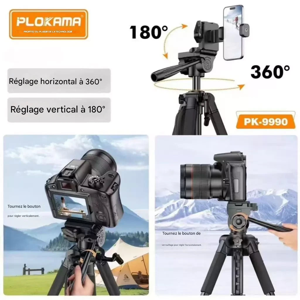 Trépied PLOKAMA PK-9990 Premium 180 cm – Aluminium, Réglable, avec Télécommande Bluetooth et Housse de Transport