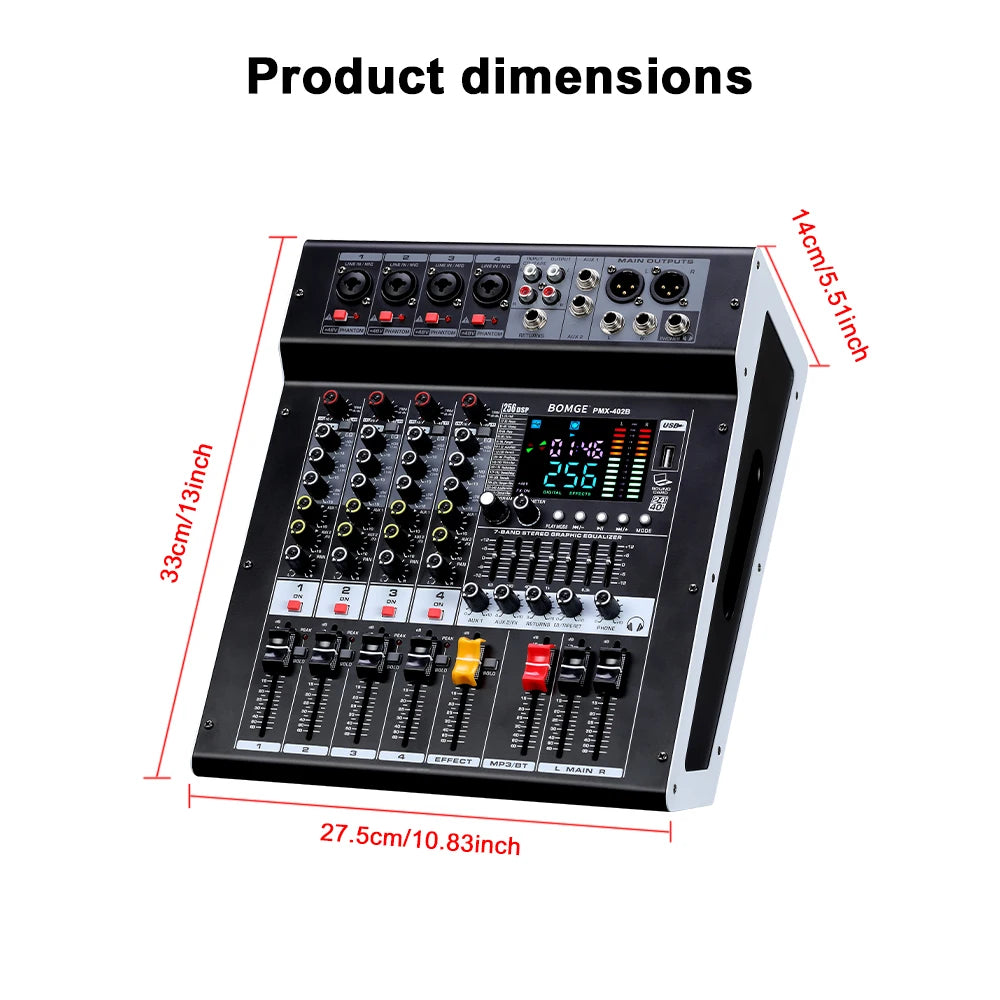 Mixer Audio 4 Canaux BOMGE 402B – 2x350W, Bluetooth, Studio & DJ