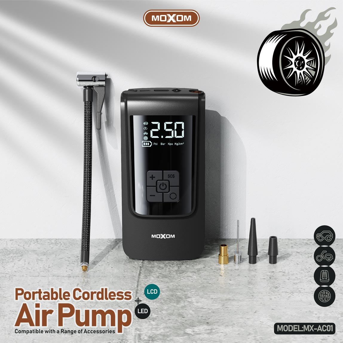 Pompe à Air Portable et Gonfleur Multifonction MOXOM MX-AC01 avec Power Bank 4000mAh, Écran LCD et Lampe de Poche - Idéal pour Voitures et Urgences
