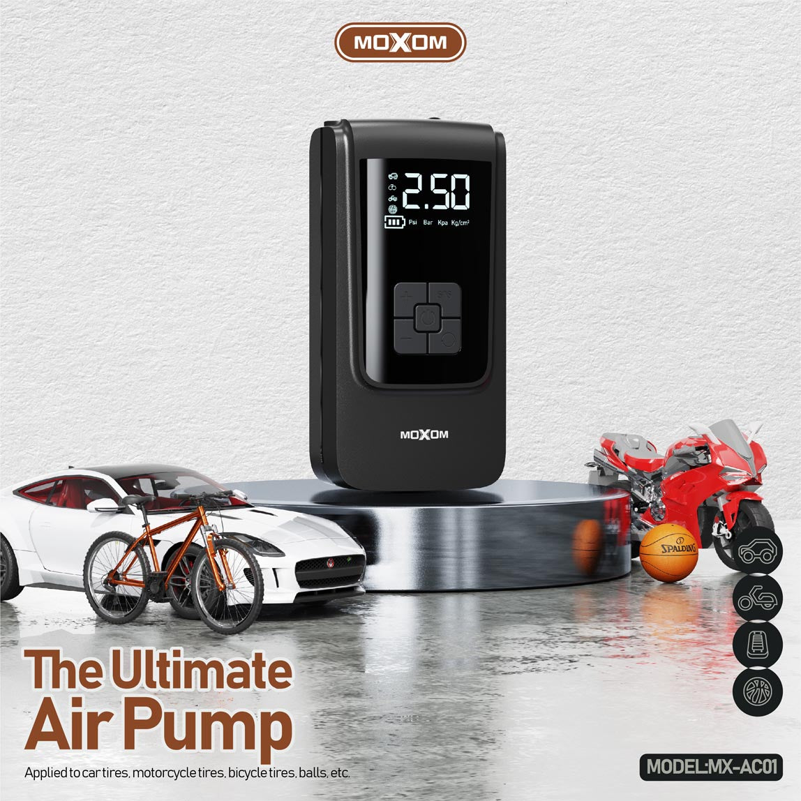 Pompe à Air Portable et Gonfleur Multifonction MOXOM MX-AC01 avec Power Bank 4000mAh, Écran LCD et Lampe de Poche - Idéal pour Voitures et Urgences
