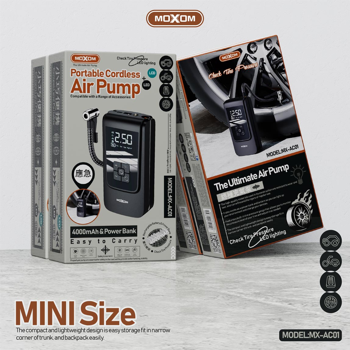 Pompe à Air Portable et Gonfleur Multifonction MOXOM MX-AC01 avec Power Bank 4000mAh, Écran LCD et Lampe de Poche - Idéal pour Voitures et Urgences