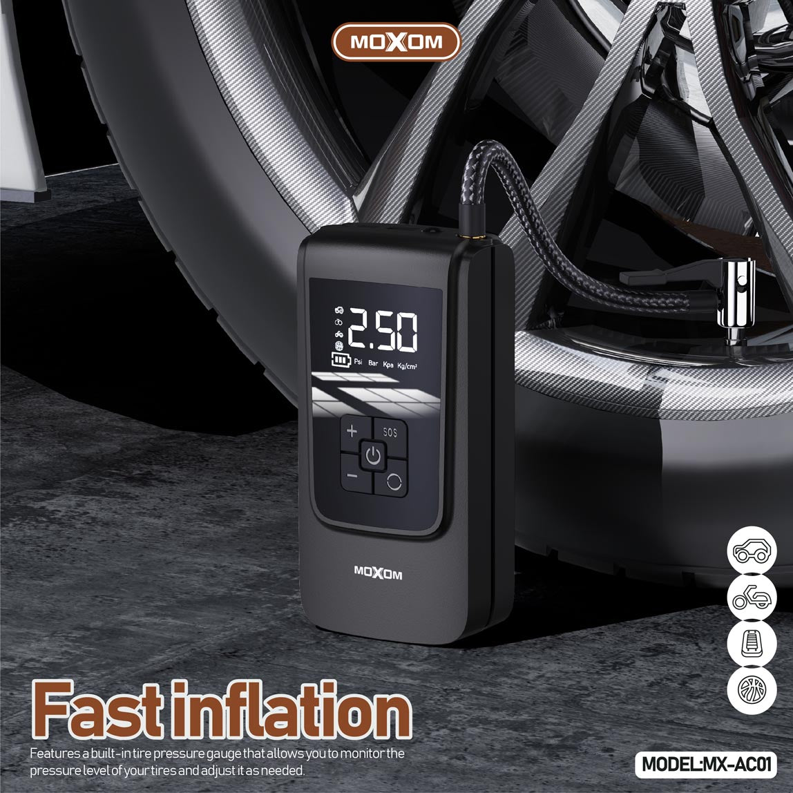 Pompe à Air Portable et Gonfleur Multifonction MOXOM MX-AC01 avec Power Bank 4000mAh, Écran LCD et Lampe de Poche - Idéal pour Voitures et Urgences