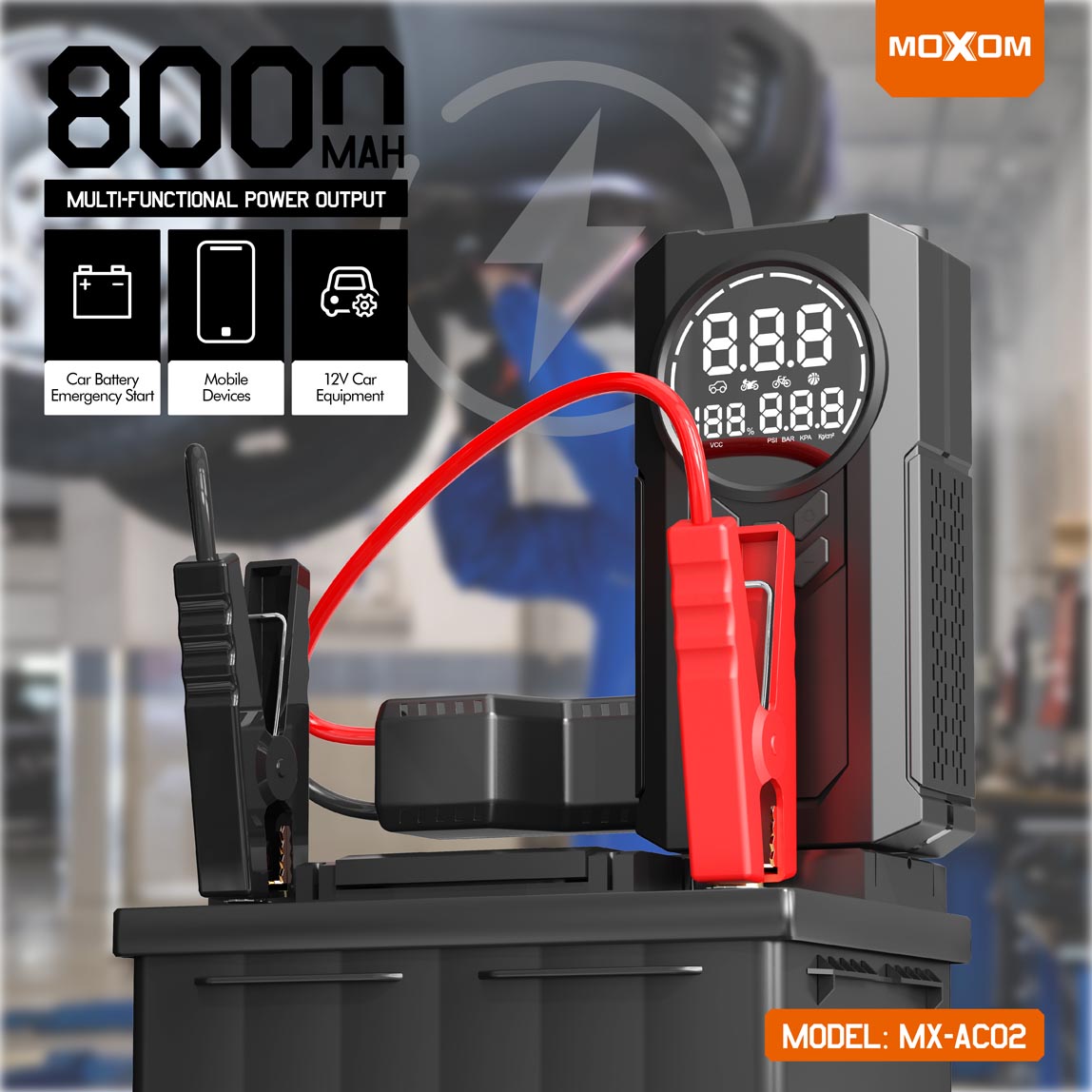 Gonfleur et Power Bank MOXOM MX-AC02 (8000mAh) avec Démarreur d'Urgence pour Batterie de Voiture - Écran Numérique et Lampe Torche Multifonction