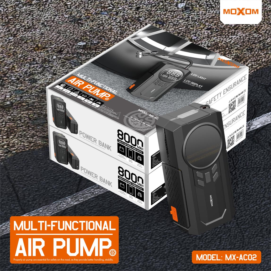 Gonfleur et Power Bank MOXOM MX-AC02 (8000mAh) avec Démarreur d'Urgence pour Batterie de Voiture - Écran Numérique et Lampe Torche Multifonction