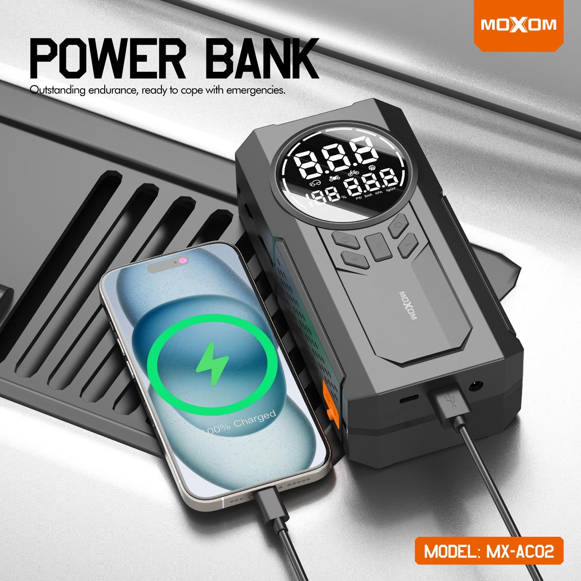 Gonfleur et Power Bank MOXOM MX-AC02 (8000mAh) avec Démarreur d'Urgence pour Batterie de Voiture - Écran Numérique et Lampe Torche Multifonction