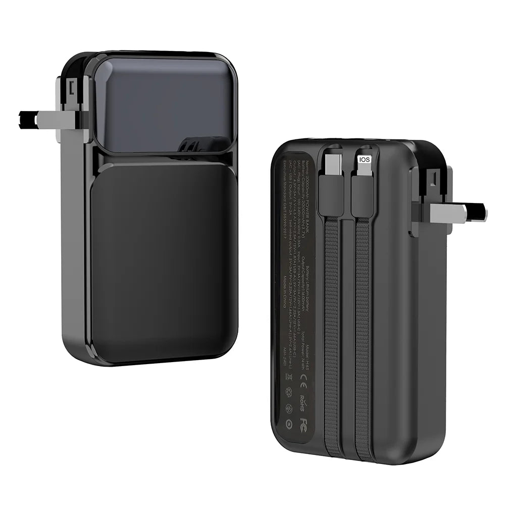 Power Bank 20000mAh avec Prise, Câbles Intégrés et Écran LED – Charge Rapide 22.5W USB-C