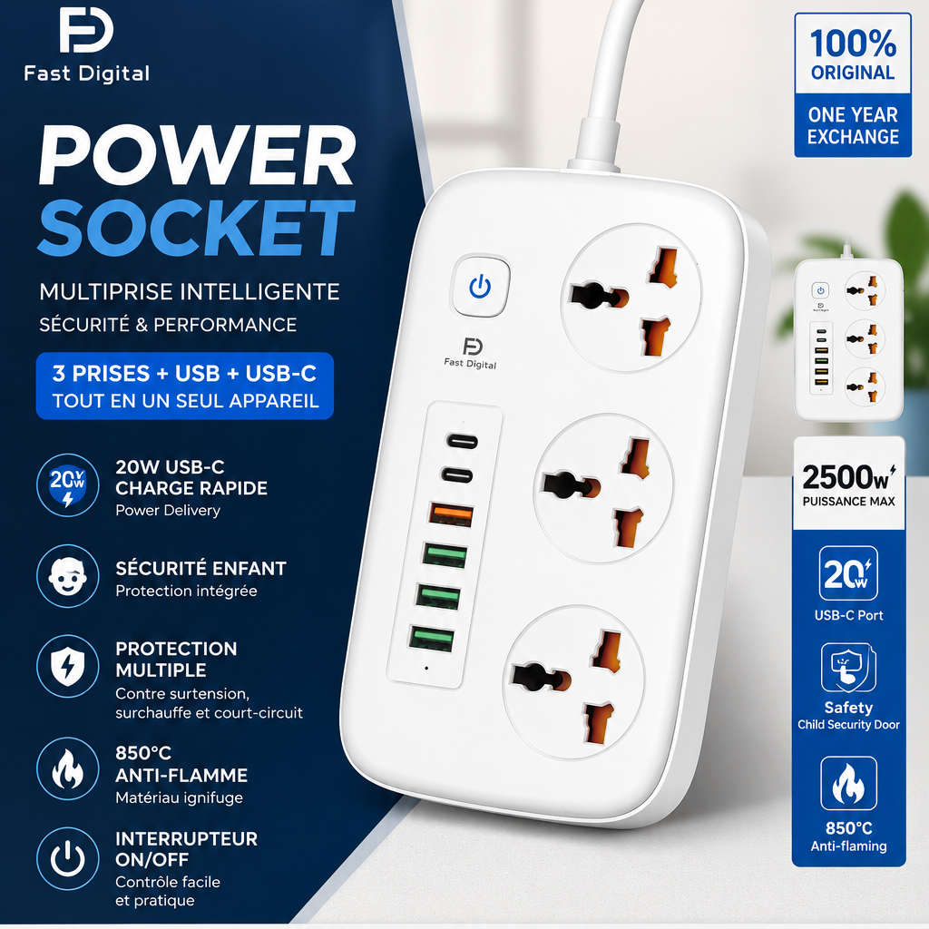 Multiprise 3 Prises + USB & USB-C 20W Charge Rapide Sécurisée
