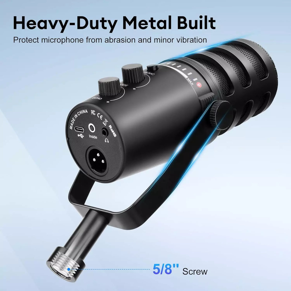 Microphone Dynamique USB/XLR avec Support pour Podcast et Streaming