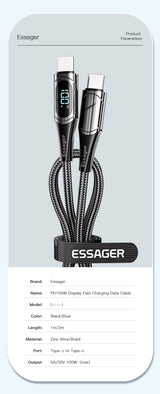 Câble Essager USB-C vers USB-C 100W PD Charge Rapide 2m