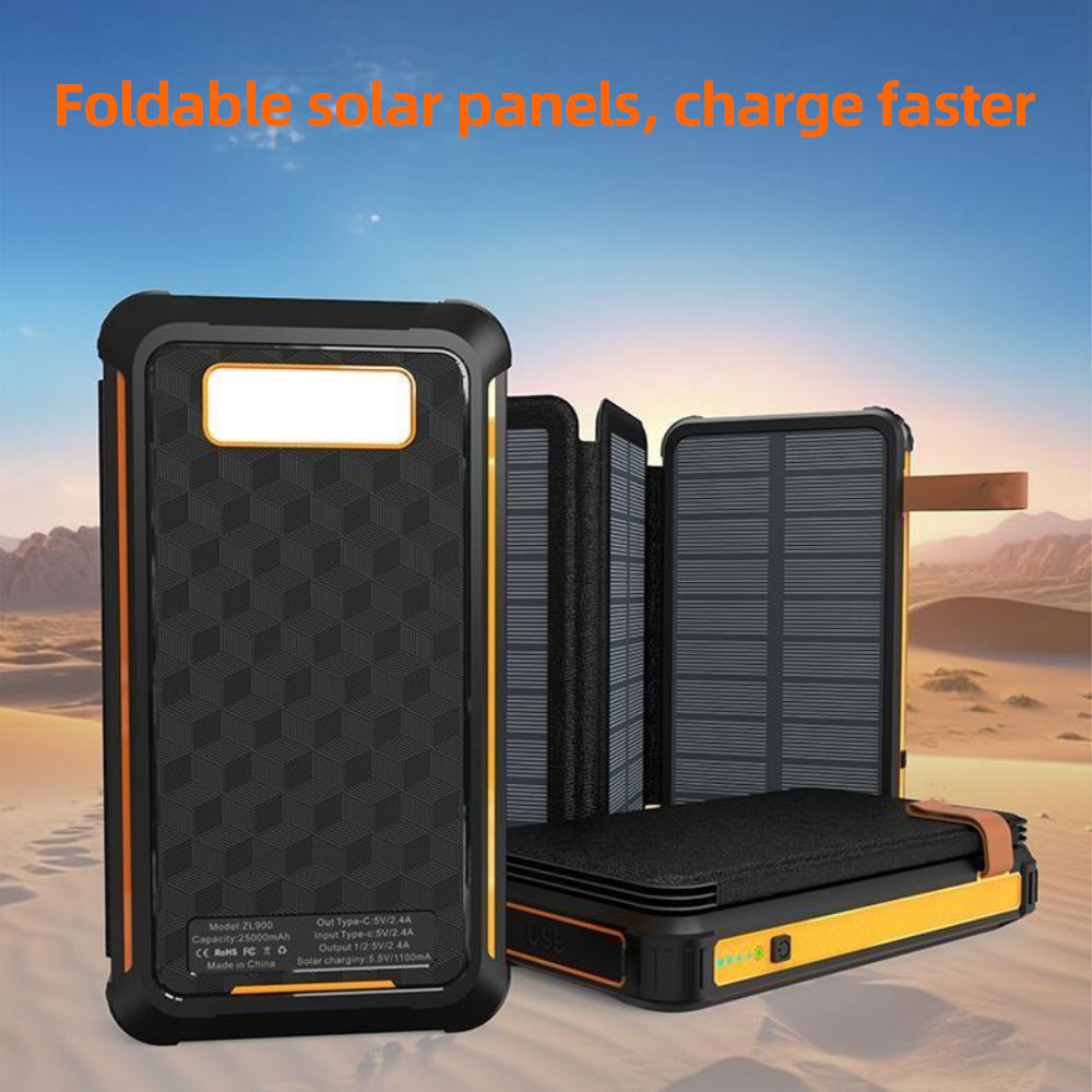 Powerbank Solaire 10000mAh | 4 Panneaux Solaires Pliables | Résistant à l’Eau & Chocs avec Lampes LED SOS