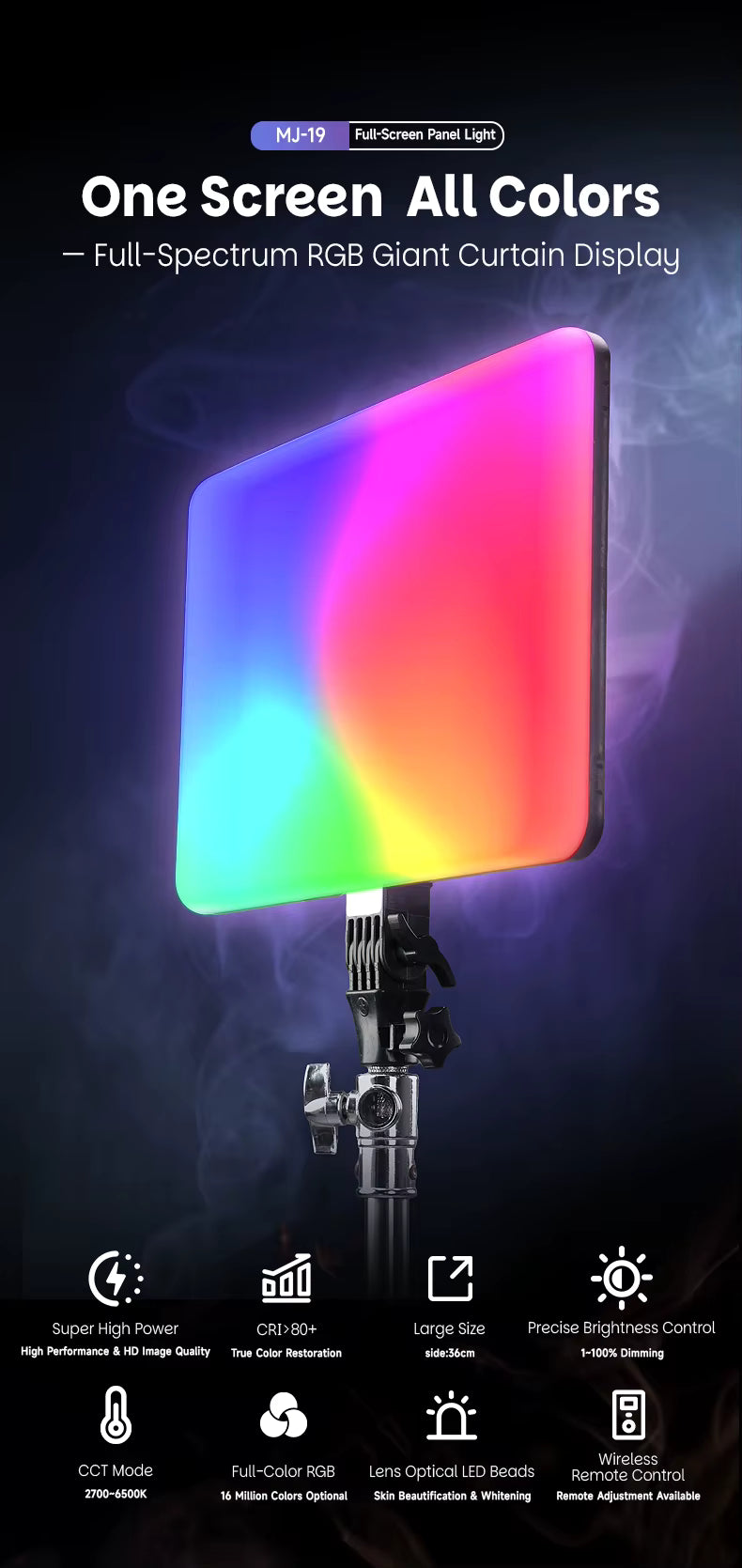 Panneau LED RGB MJ-19 avec Trépied 2m et Télécommande