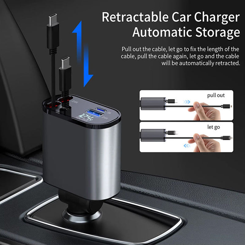Chargeur Voiture 66W 4-en-1 avec Câbles Rétractables