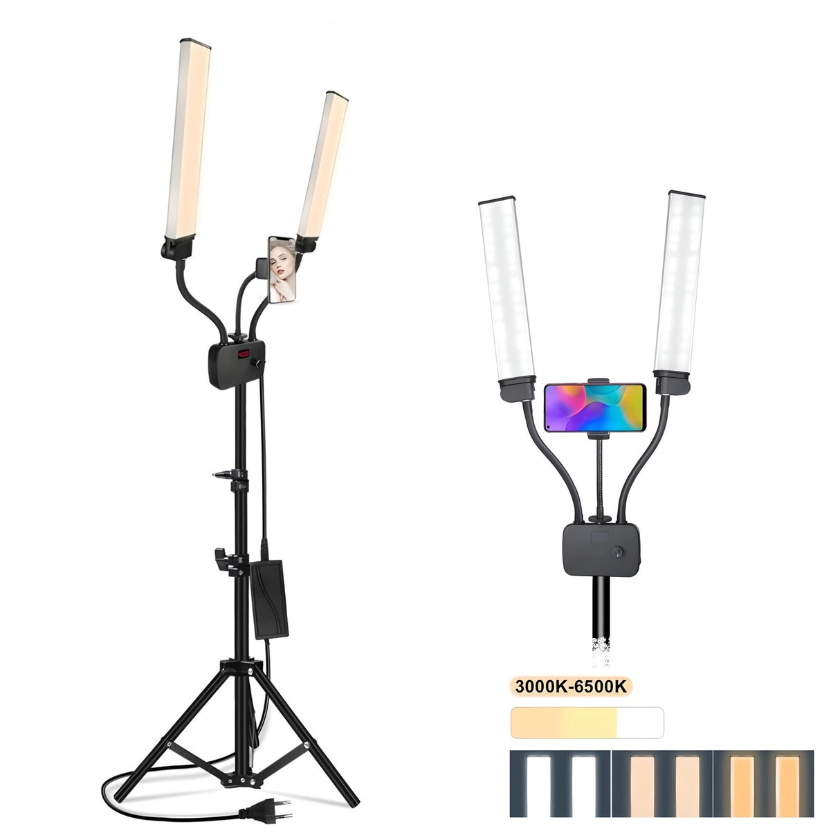 Lumière LED Double Bras 45W 3000-6500K avec Support Téléphone