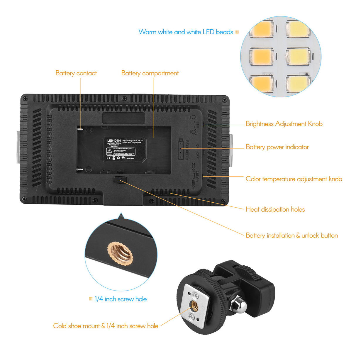 Panneau LED 416 Bi-Color avec Batterie pour Photo & Vidéo