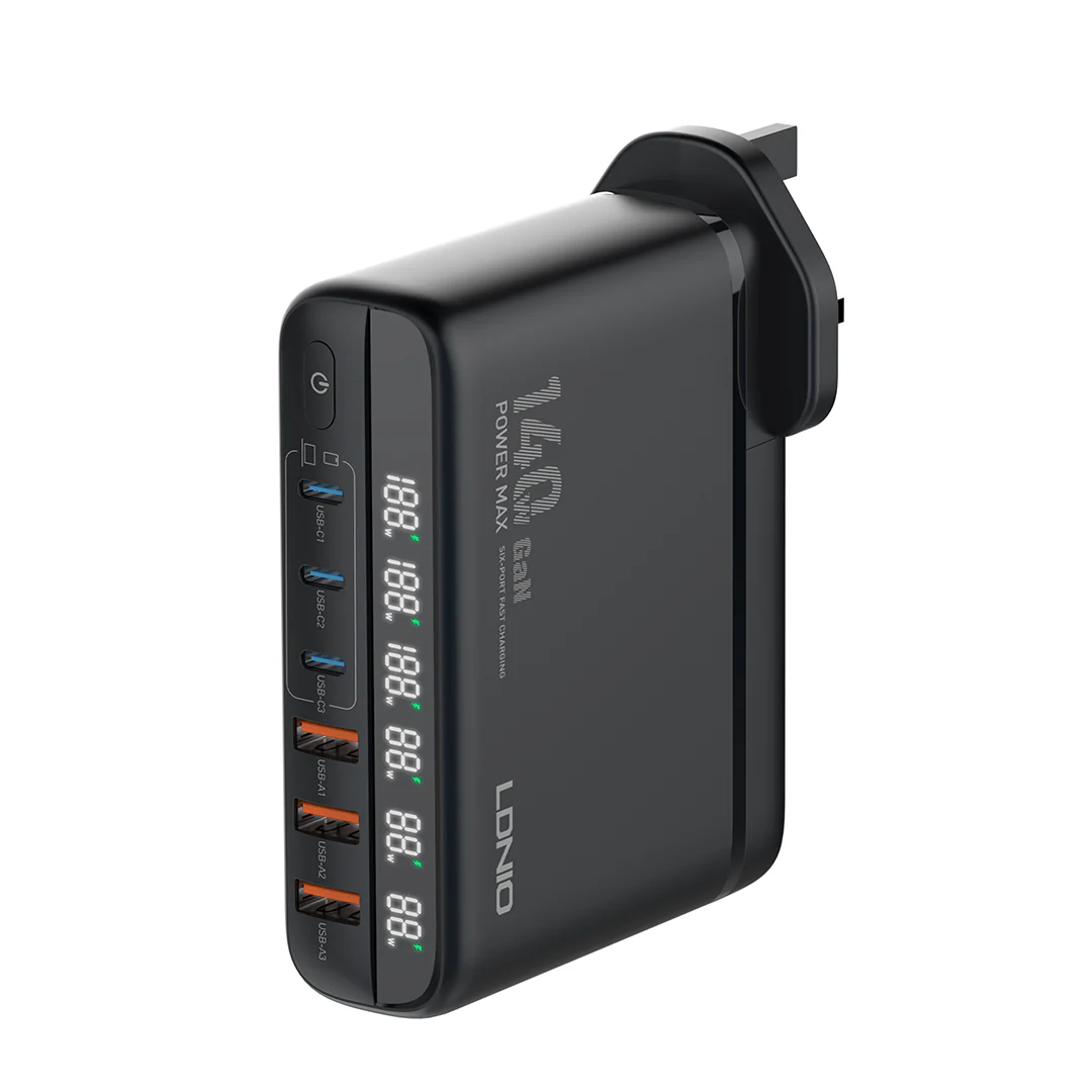 Chargeur GaN 140 W LDNIO A6140C – 6 Ports USB‑C/A, Écran LED, Super Charge Rapide
