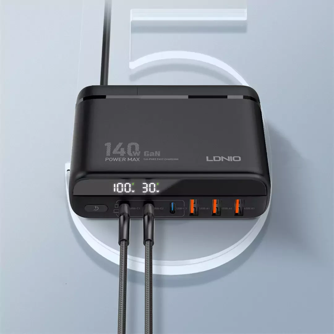 Chargeur GaN 140 W LDNIO A6140C – 6 Ports USB‑C/A, Écran LED, Super Charge Rapide
