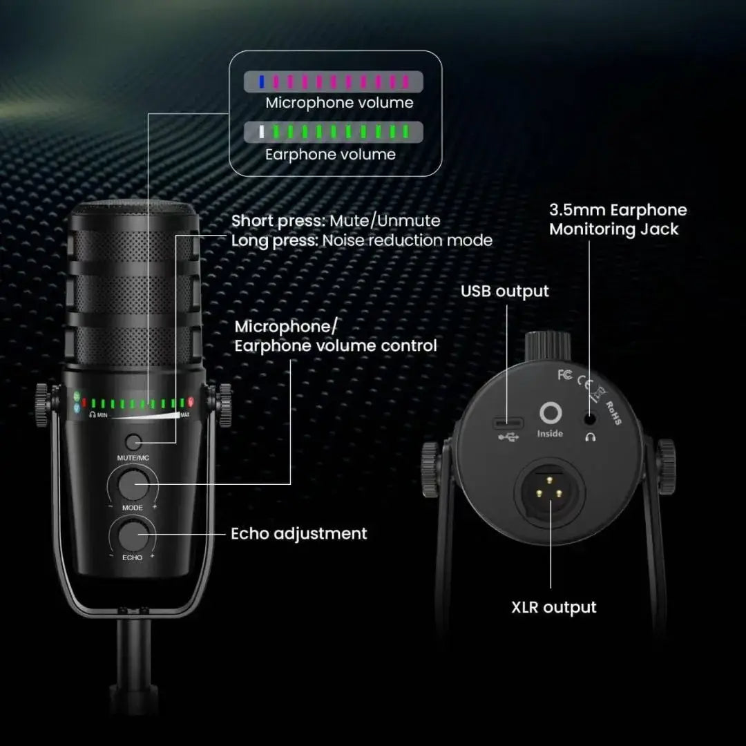 Microphone Dynamique USB/XLR avec Support pour Podcast et Streaming
