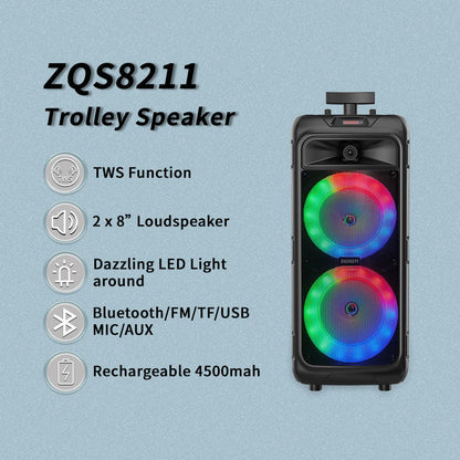 Enceinte sans fil ZQS8211, 40W, double haut-parleur 8", lumières colorées