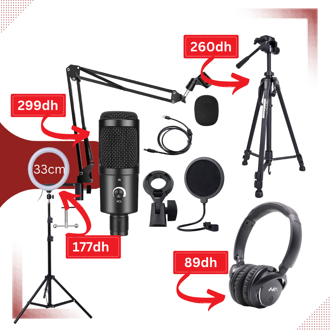 Pack Bidaya: Microphone Studio, Trépied pro, Casque Nia Q1 et Ring Light 33cm