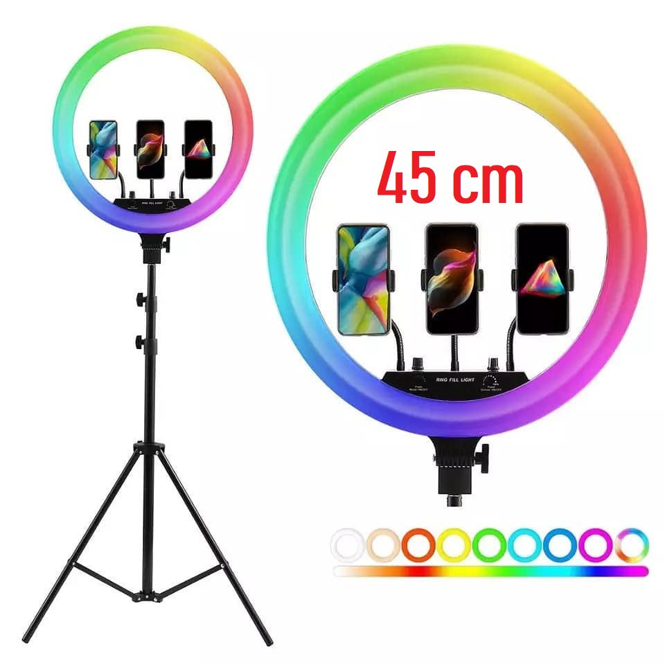 Ring Light MJ18 RGB LED (45 cm) avec Trépied Métallique et Télécommandes - Lumière Blanche, Chaude et Arc-en-Ciel