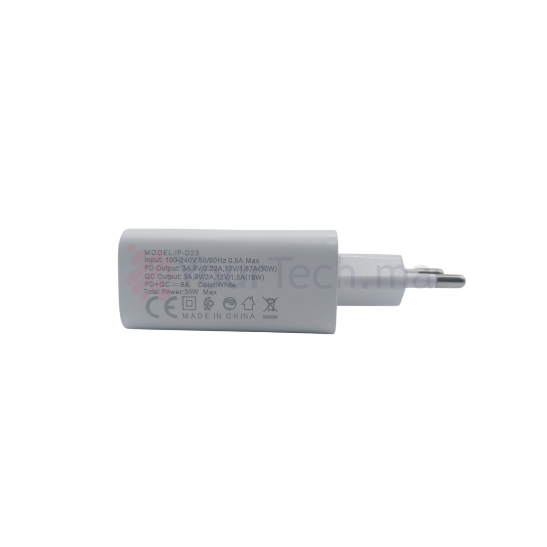 Chargeur Rapide USB 18W et Type-C 30W avec Multi-Protection pour Lightning - IPGold IP-D23