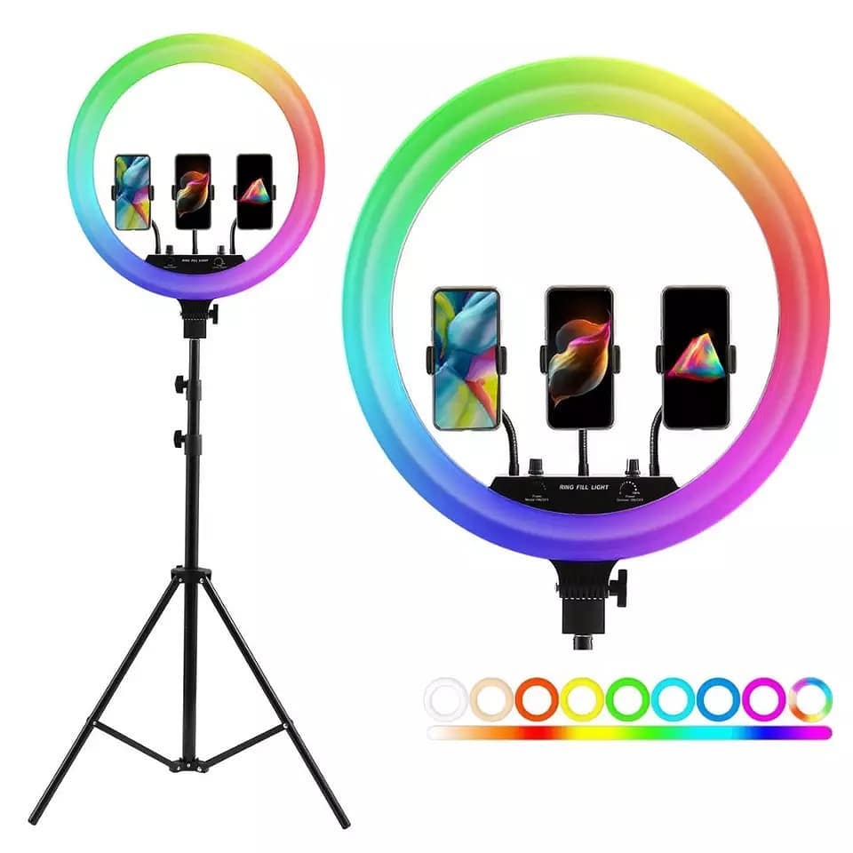 Ring Light MJ18 RGB LED (45 cm) avec Trépied Métallique et Télécommandes - Lumière Blanche, Chaude et Arc-en-Ciel