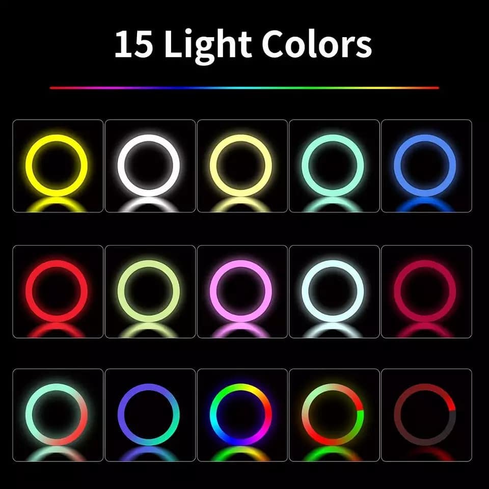 Ring Light MJ18 RGB LED (45 cm) avec Trépied Métallique et Télécommandes - Lumière Blanche, Chaude et Arc-en-Ciel