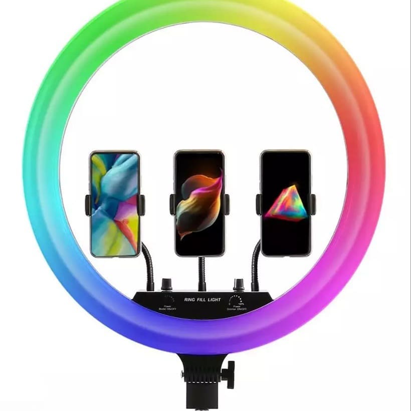 Ring Light MJ18 RGB LED (45 cm) avec Trépied Métallique et Télécommandes - Lumière Blanche, Chaude et Arc-en-Ciel