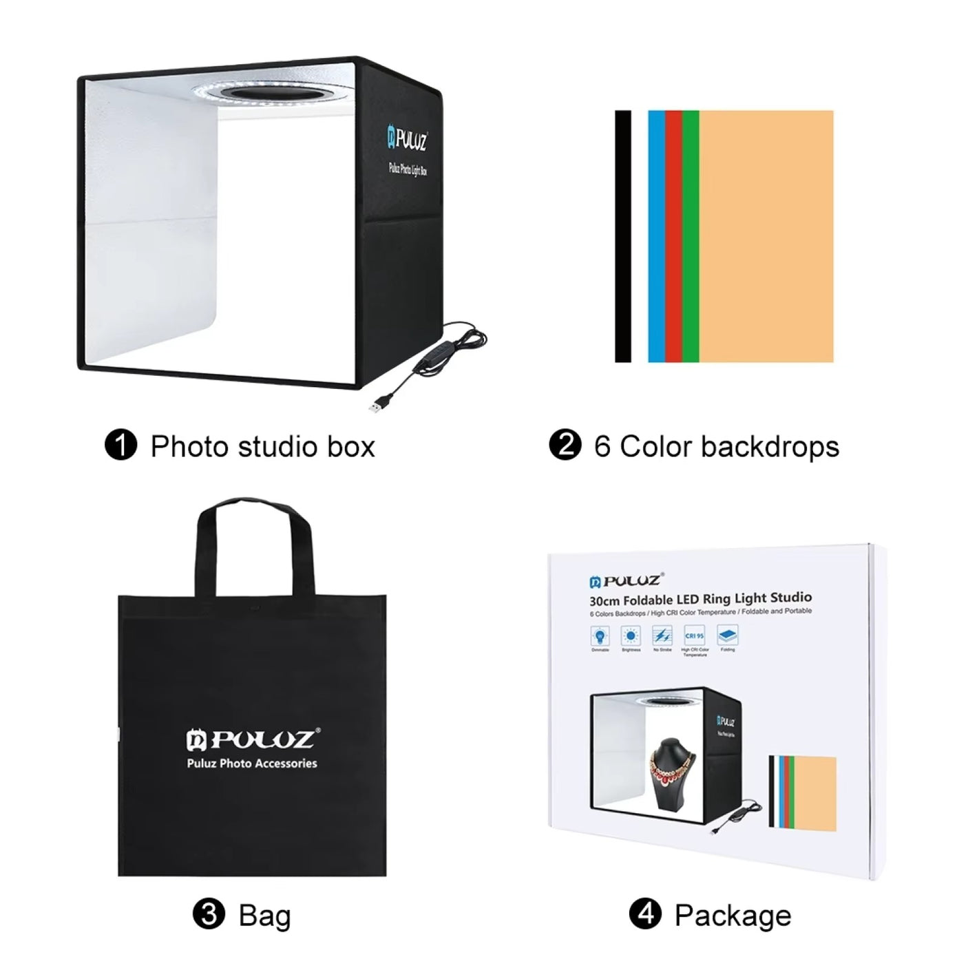 PULUZ – Boîte à Lumière Pliable 25cm pour Studio Photo avec 6 Fonds de Couleur et Éclairage LED