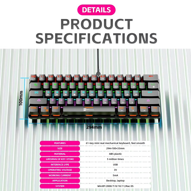 لوحة مفاتيح ميكانيكية للألعاب RGB 61 مفتاح – R8 1037