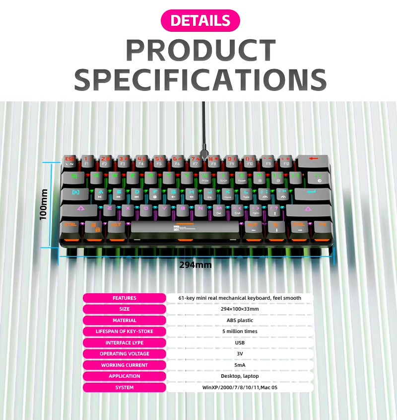 لوحة مفاتيح ميكانيكية للألعاب RGB 61 مفتاح – R8 1037